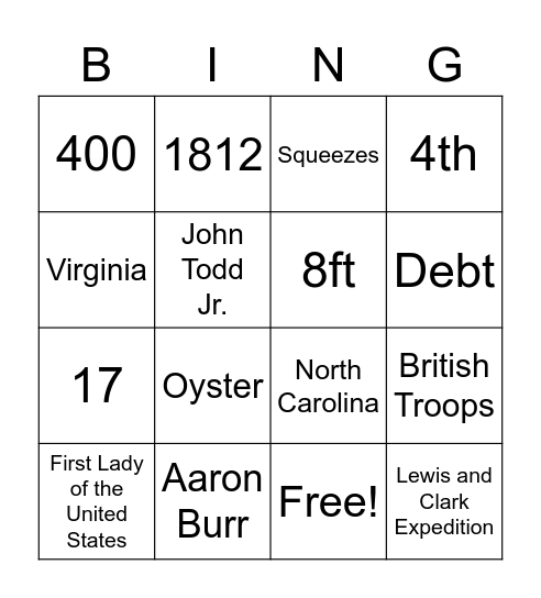 Dolley Madison Bingo Card