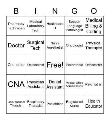 Health Careers Bingo Card