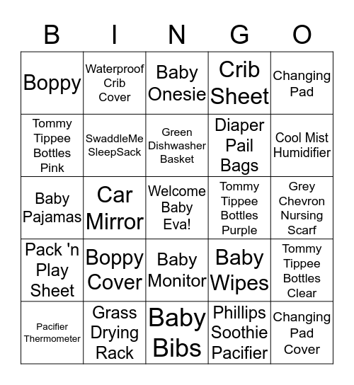 Eva's Baby Shower Bingo! Bingo Card