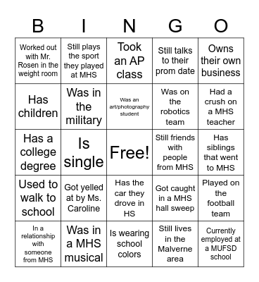 MHS 10 YEAR REUNION BINGO! Bingo Card