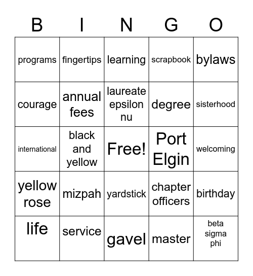 sorority bingo Card