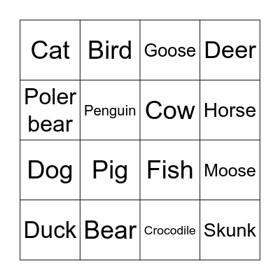 Animal reading Bingo Card