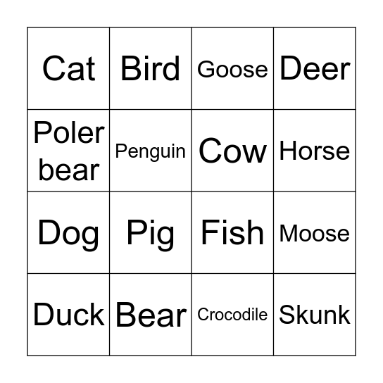 Animal reading Bingo Card