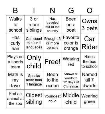 Classroom Bingo Card