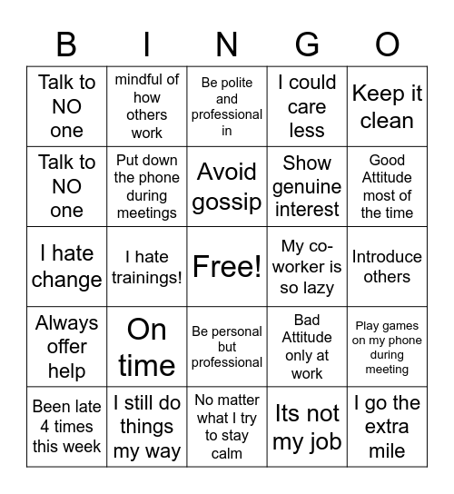 Work Conduct Bingo Card