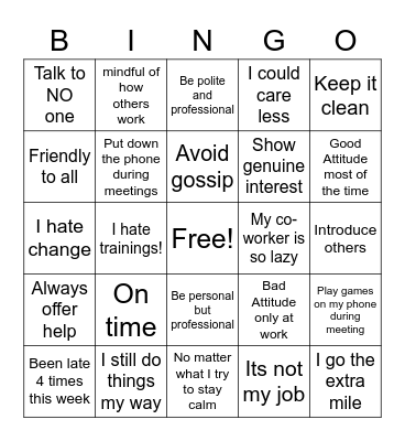 Work Conduct Bingo Card