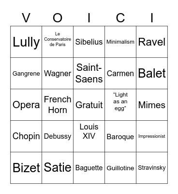 Voici! Bingo Card