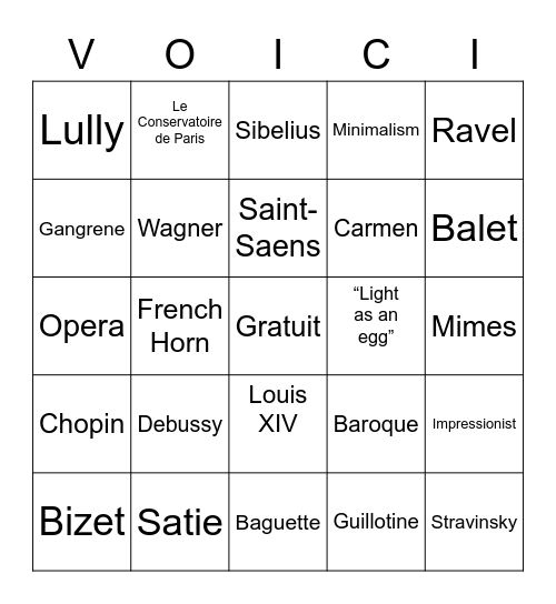 Voici! Bingo Card