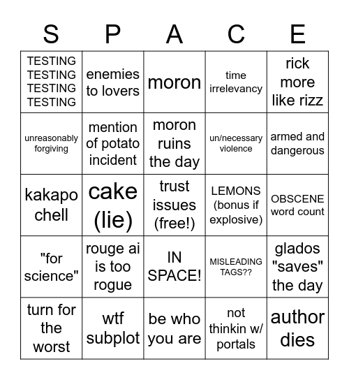 Portal Fanfic Bingo Card