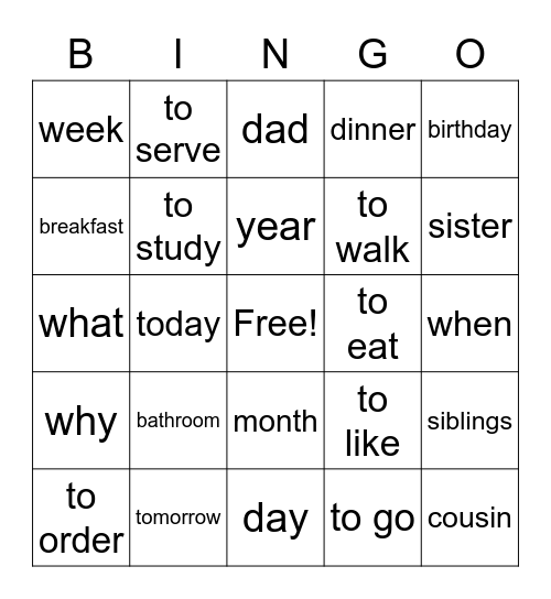 English Bingo Card