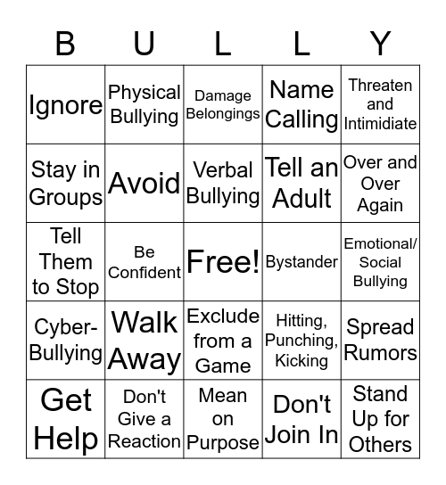 Bully Prevention Bingo Card