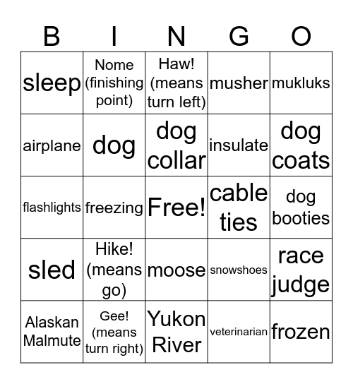 Iditarod Bingo Card