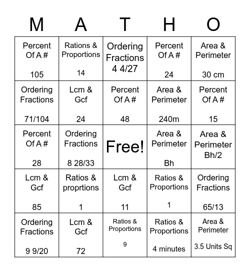 Math 5 In A Row Bingo Card