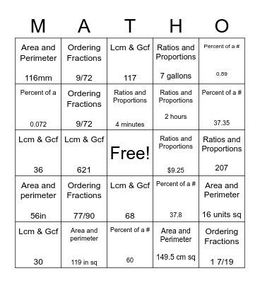 Math 5 In A Row Bingo Card