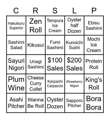 Sales Contest Bingo Card