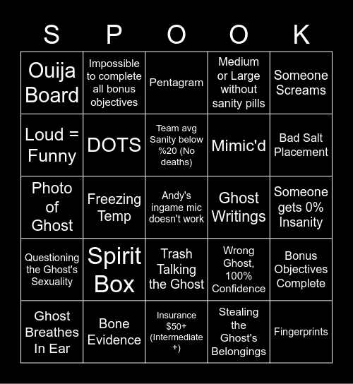 Phasmophobia Bingo Card