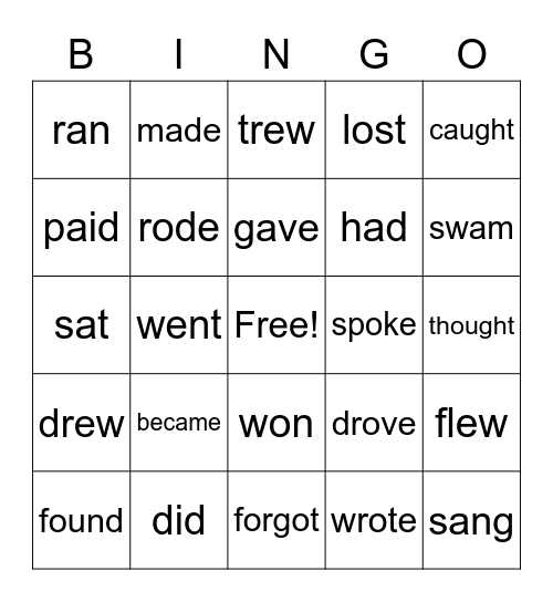 Irregular Verbs Bingo Card