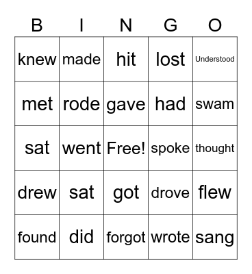 Irregular Verbs Bingo Card