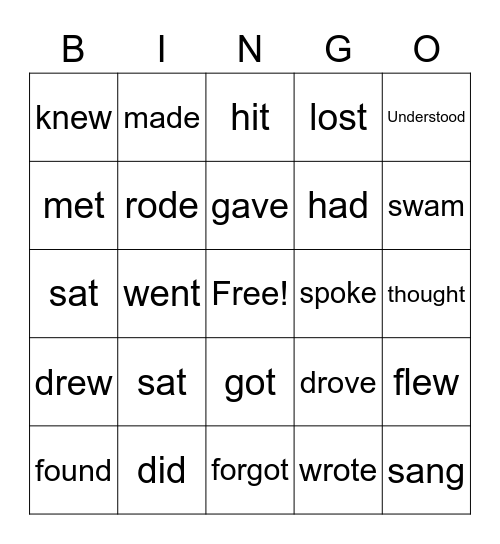 Irregular Verbs Bingo Card