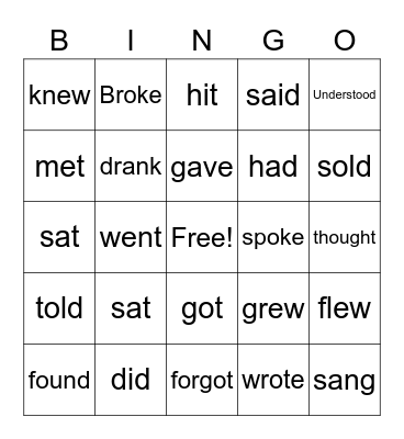 Irregular Verbs Bingo Card