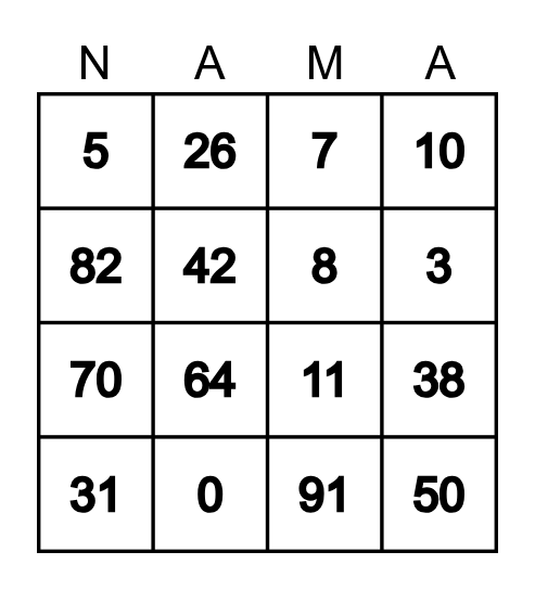 NAMA NAMA! Bingo Card