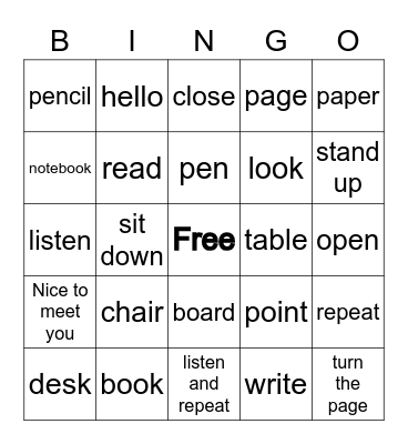 Classroom Vocabulary Bingo Card