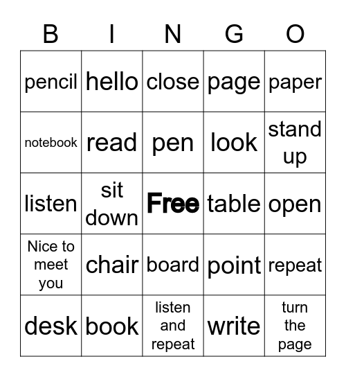 Classroom Vocabulary Bingo Card