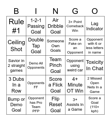 Rocket League Bingo 2 Bingo Card