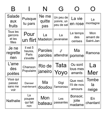 Chansons Françaises Bingo Card