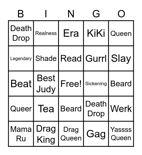 Queer Slang Bingo Card