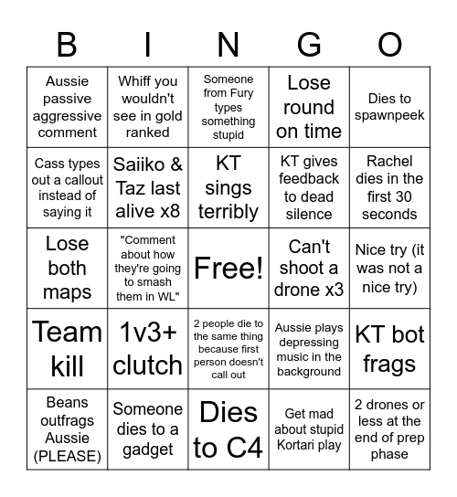 Blingo vs Fury Bingo Card