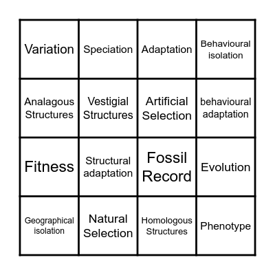 Natural Selection & Evolution Bingo Card