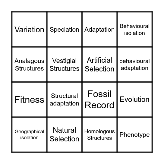 Natural Selection & Evolution Bingo Card
