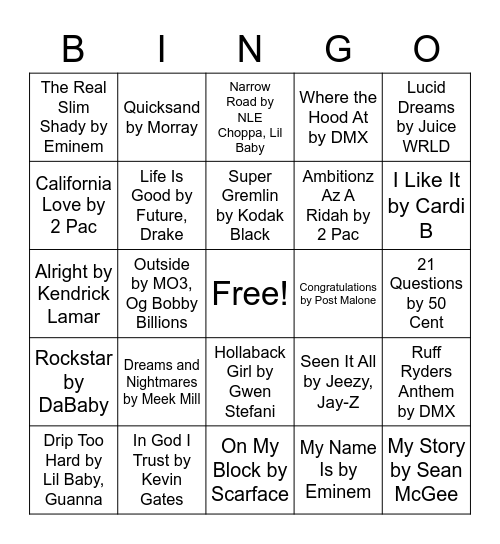 Rap/ Hip-Hop Bingo Card