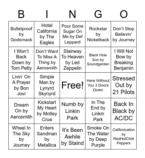 Rock Bingo Card