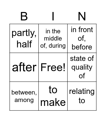Affix Meaning Bingo Card