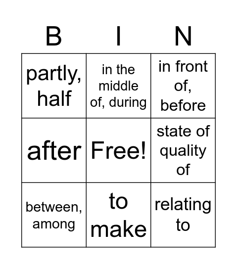Affix Meaning Bingo Card