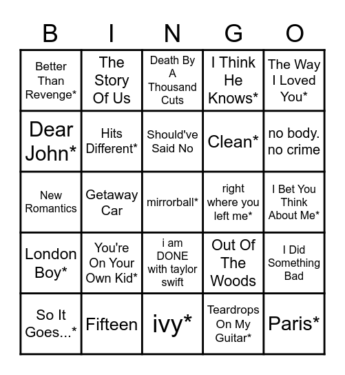 The Eras Tour Bingo Card