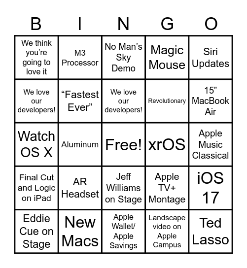 WWDC 2023 Bingo Card