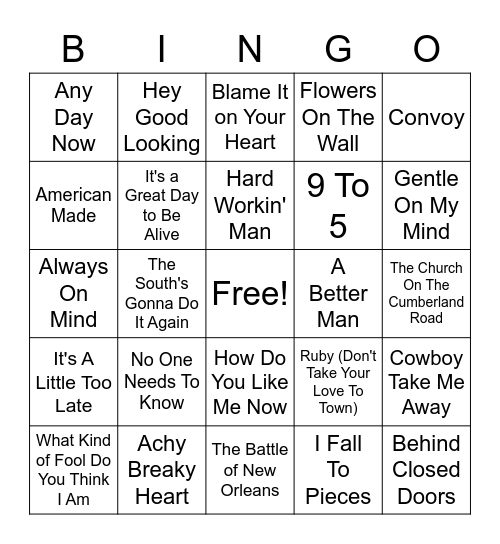 Country Music 3 Bingo Card