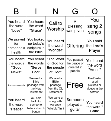 Worship Pack Bingo! Bingo Card