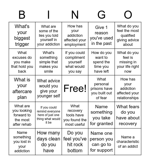 Recovery Bingo Card