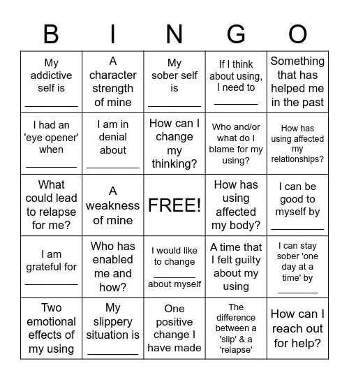 Substance Abuse Recovery BINGO Card