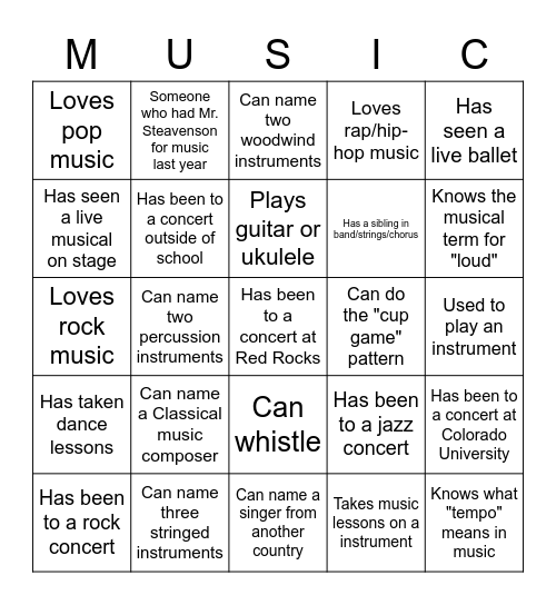 Getting to Know You - Music Edition Bingo Card