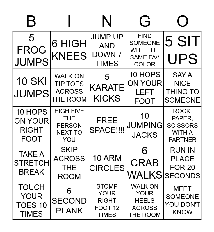 Action Bingo!!!!! Bingo Card