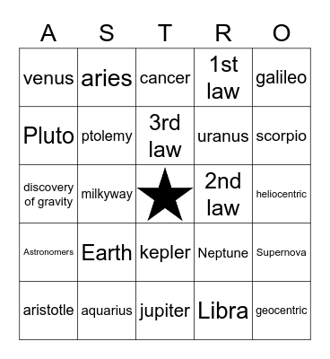 space bingo! Bingo Card