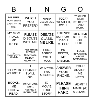 ASL 1 UNIT 8 GRAMMAR Bingo Card