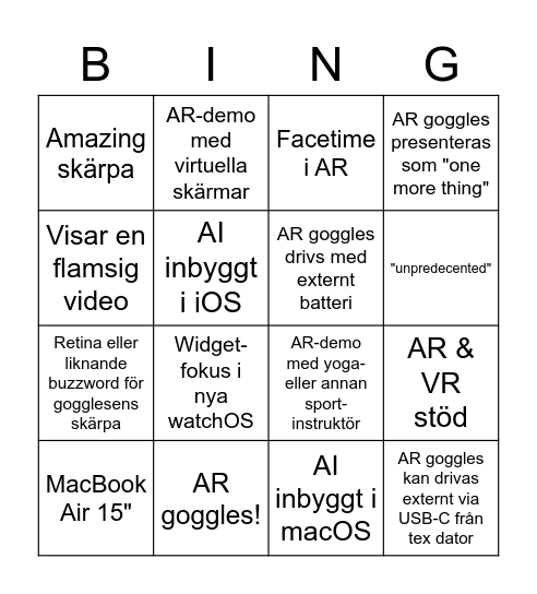 WWDC 2023 Bingo Card