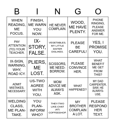 ASL 1 UNIT 8 GRAMMAR, PART II Bingo Card