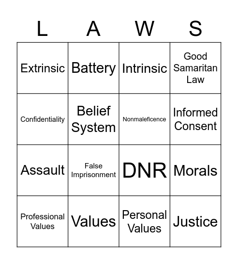 Legal/Ethical Issues Bingo Card